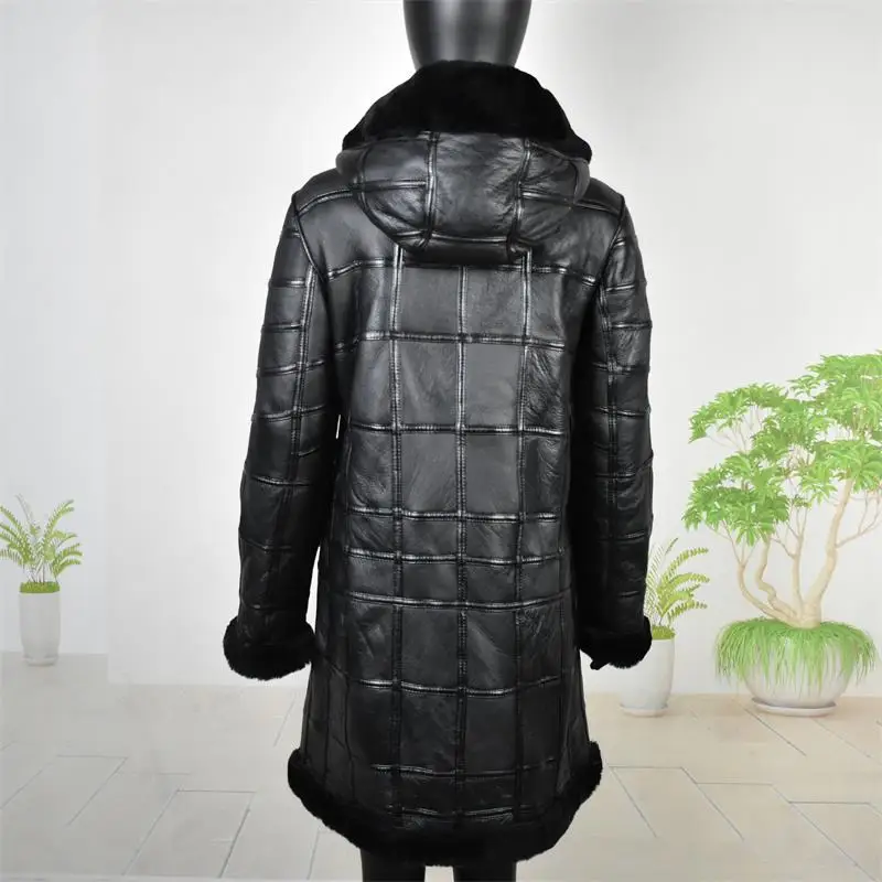 Real Sheep Skin Fur Splicing Winter Extended Tops Warm Leather Coat Women Vest New  Clothing Hat Sheepskin Long