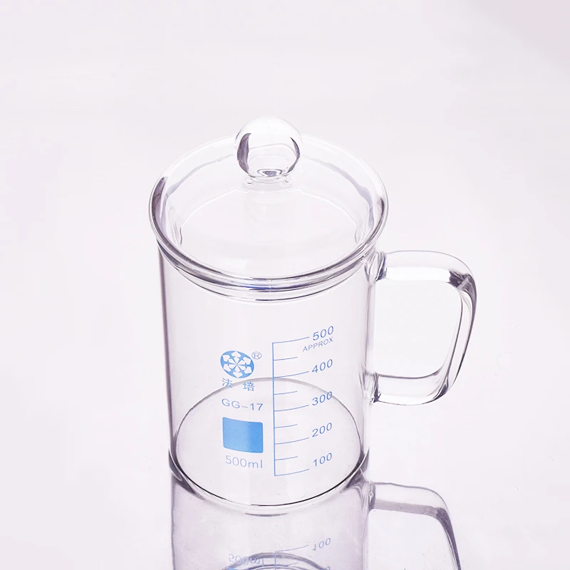 

Beaker in low form with glass handle and no spout,500ml,Outer diameter=90mm,Thickness=3mm,Height=120mm,Laboratory beaker