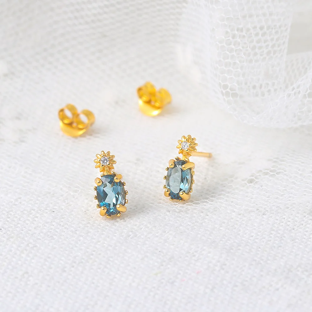 LAMOON Vingtate 925 Silver Stud Earrings For Women Natural London Blue Topaz Mini Earring 14K Gold Plated Fine Jewelry LMEI127