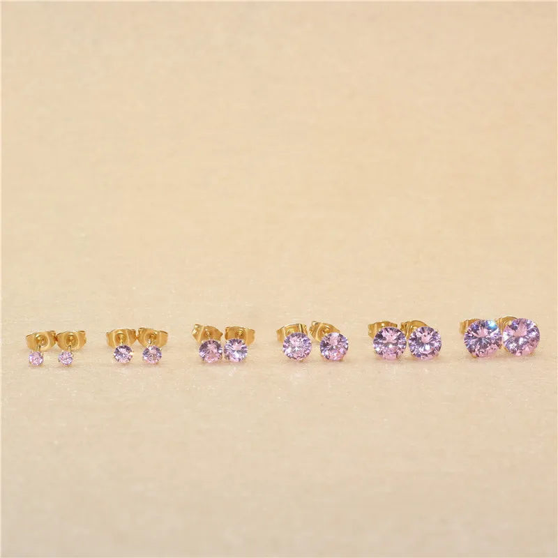 Mini-Ohrstecker aus Edelstahl mit rosa AAA-Zirkonia, 3mm bis 8mm rund, echte goldfarbene Beschichtung, nicht leicht verblassend, allergiefrei – Detail 3