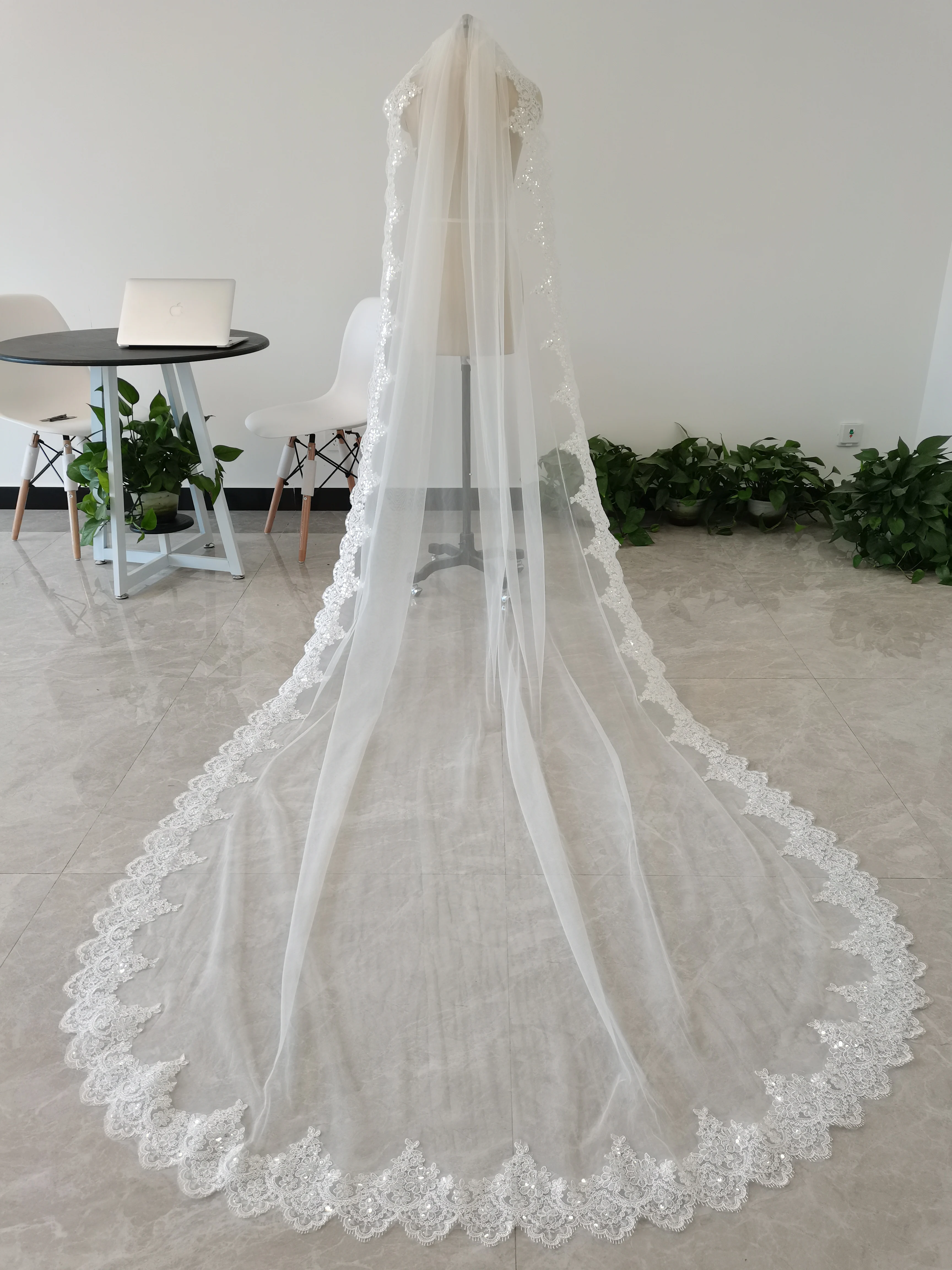 Voile de mariage blanc ou ivoire, une couche, en dentelle, paillettes, brillant, pour mariage