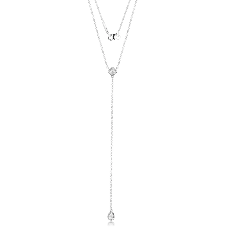 

100% Real 925 Sterling Silver Geometric Shapes Y-Necklace for Women Fashion Jewelry Clear CZ Necklaces Collier Femme