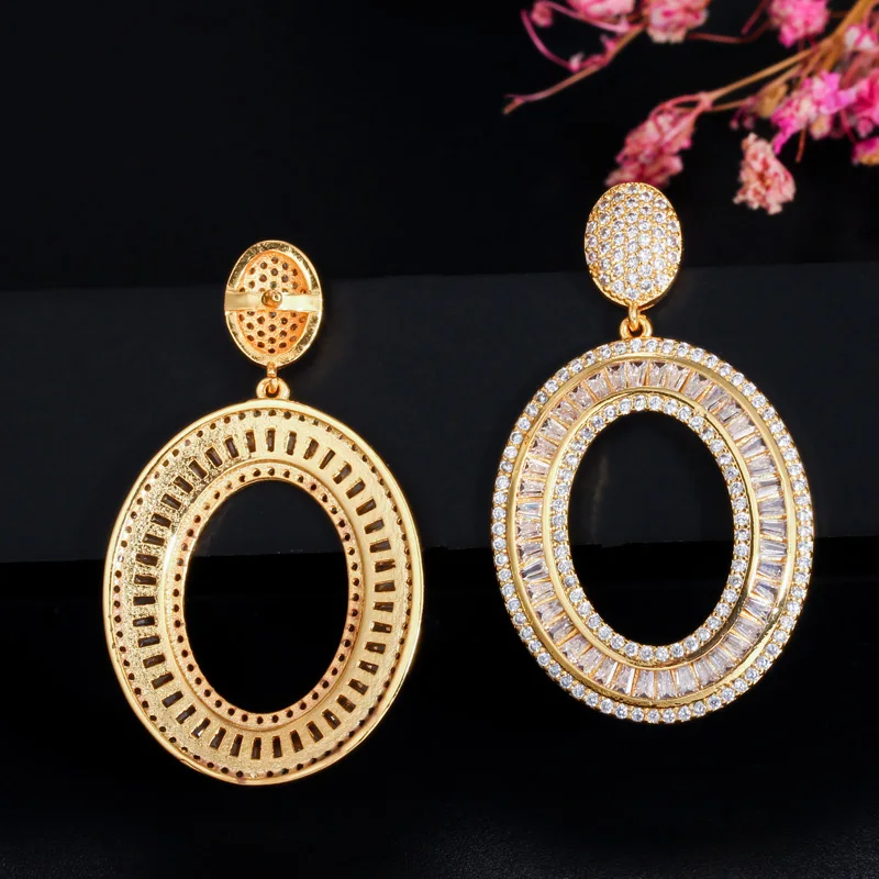 CWWZircons Full Cubic Zirconia Paved Glitter Yellow Gold Color Round Dangle Drop Earrings for Women Bridal Wedding Jewelry CZ598