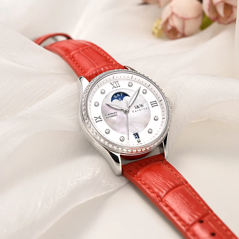 I&W Luxury Diamond Watches for Woman High Quality Japan Movement Moon Phase Watch Automatic Sapphire Date Waterproof Reloj Mujer