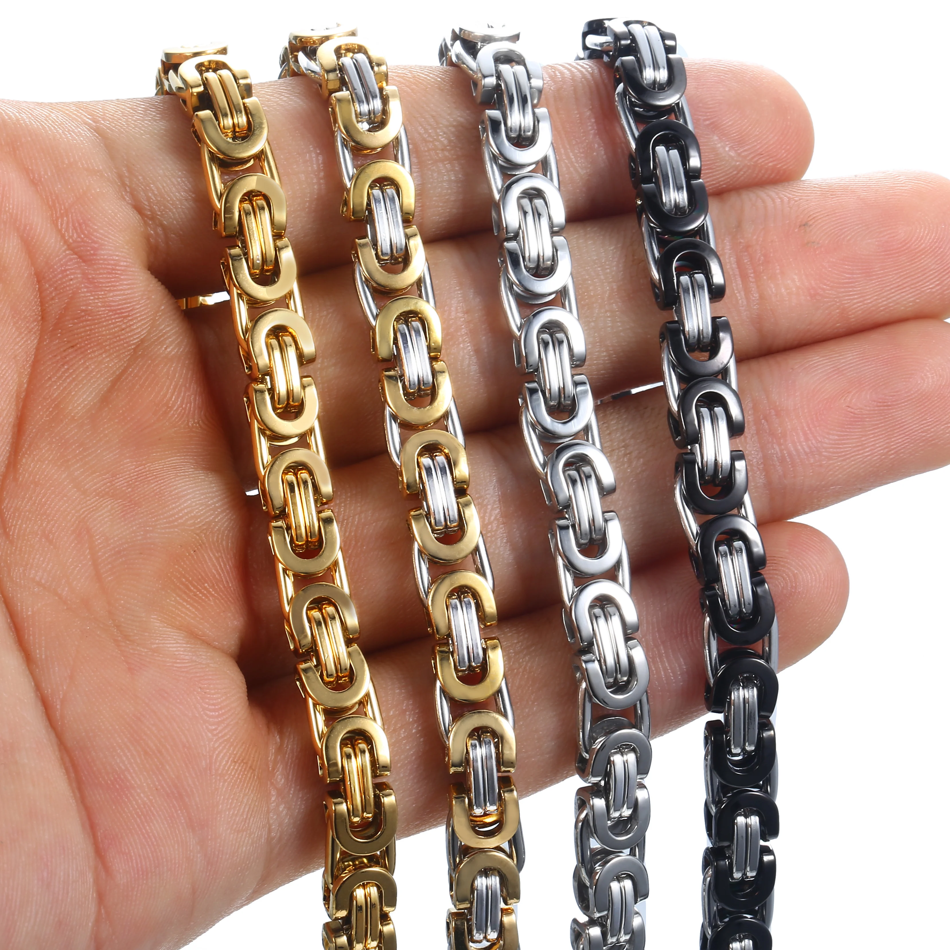 Basic Byzantine Link Chain Bracelet for Men Boy Stainless Steel  Black Silver Color Bracelets Gothic Rock Wristband KBB1A