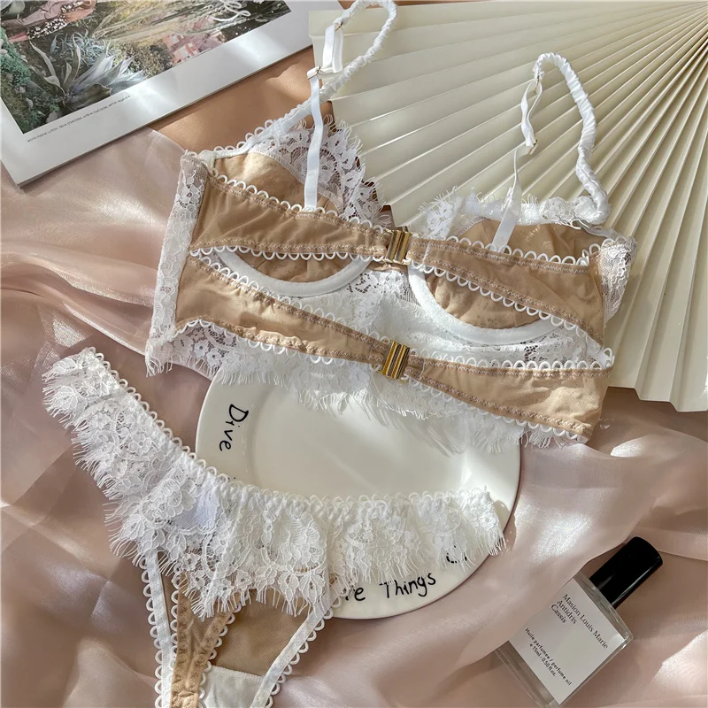 Laço estilingue sutiã com calcinha conjunto seção fina seios grandes sexy tentação lingerie confortável colete conjunto de roupa interior