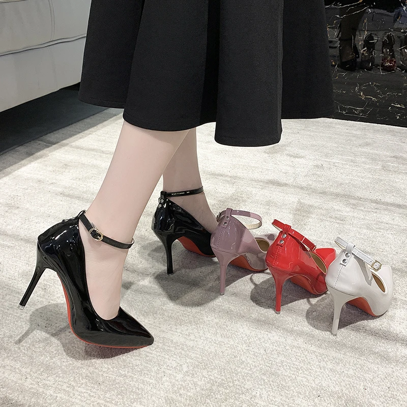 Aphixta Blcak Shoes Woman 10cm High Heel Pumps Buckle Thin Heels Women Shoes Wedding Party Sexy e Shoes Shoes Big Szie 45