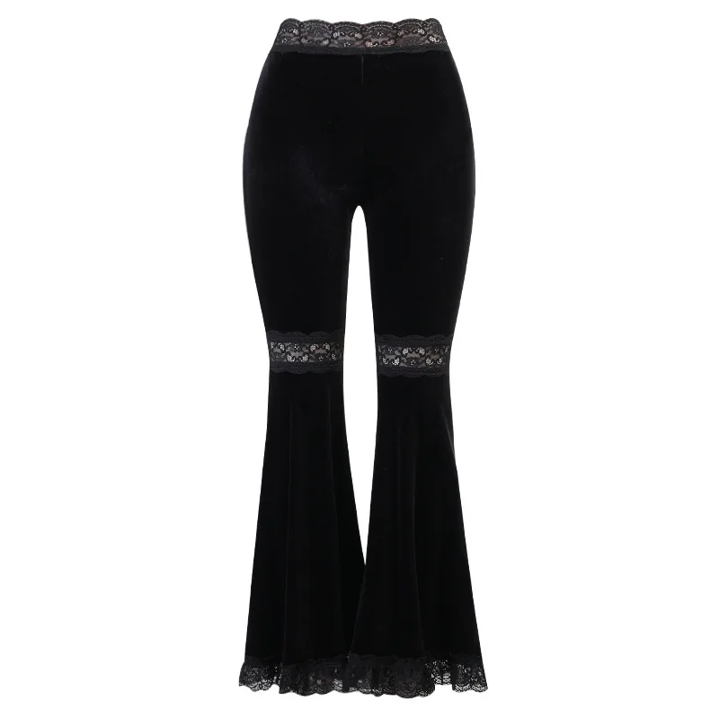 Sexy Fashion Patchwork Lace Solid Flare Pants Women Gothic Dark High Waist Loose Trousers 2021 New Street Suede Pants