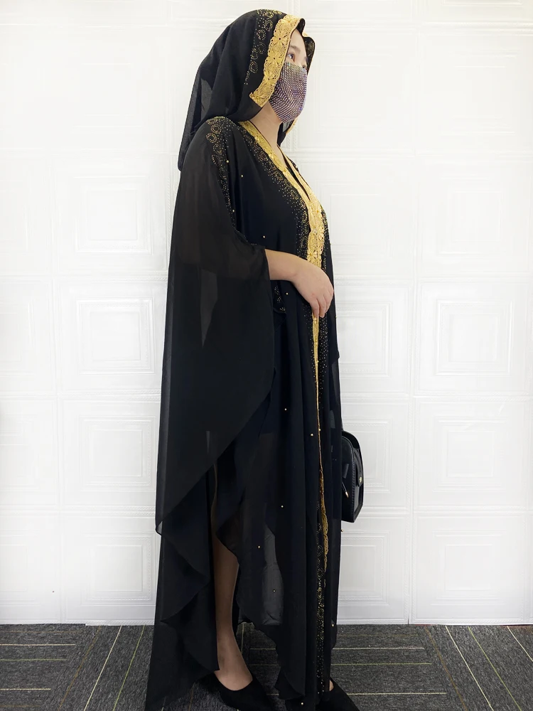 Open Abayas For Women Dubai 2021 Muslim Black Diamonds Hijab Dress Turkey Islam Large Size Short Sleeve Party Maxi Long Robe