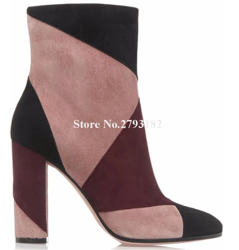 Fashion Style Round Toe Patchwork Suede Chunky Heel Short Boots Round Toe Zipper-up Thick Heek Ankke Booties Big Size Heels