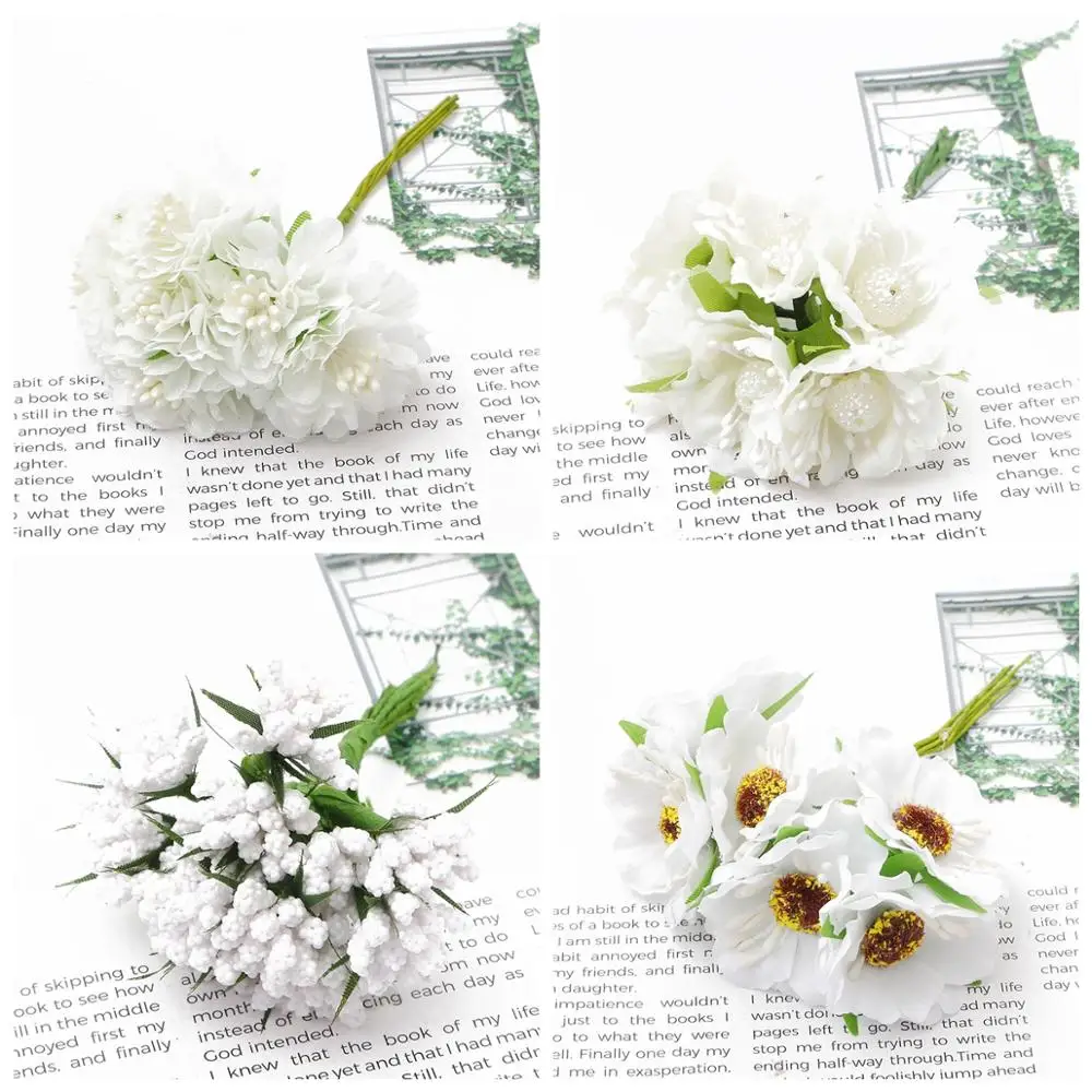 6/10/12/50/60/70/90/144pcs Beautiful White Flower Cherry Stamen Berries Bundle DIY Christmas Wedding Gift Box Wreaths Decor
