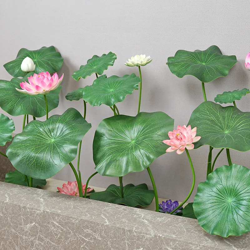 

1 Bunch Artificial Lotus Water Lily Silk Flowers Leaf Pond Plants Buddha Ornament Home Garden Vase Arrangement Hotel Decoration