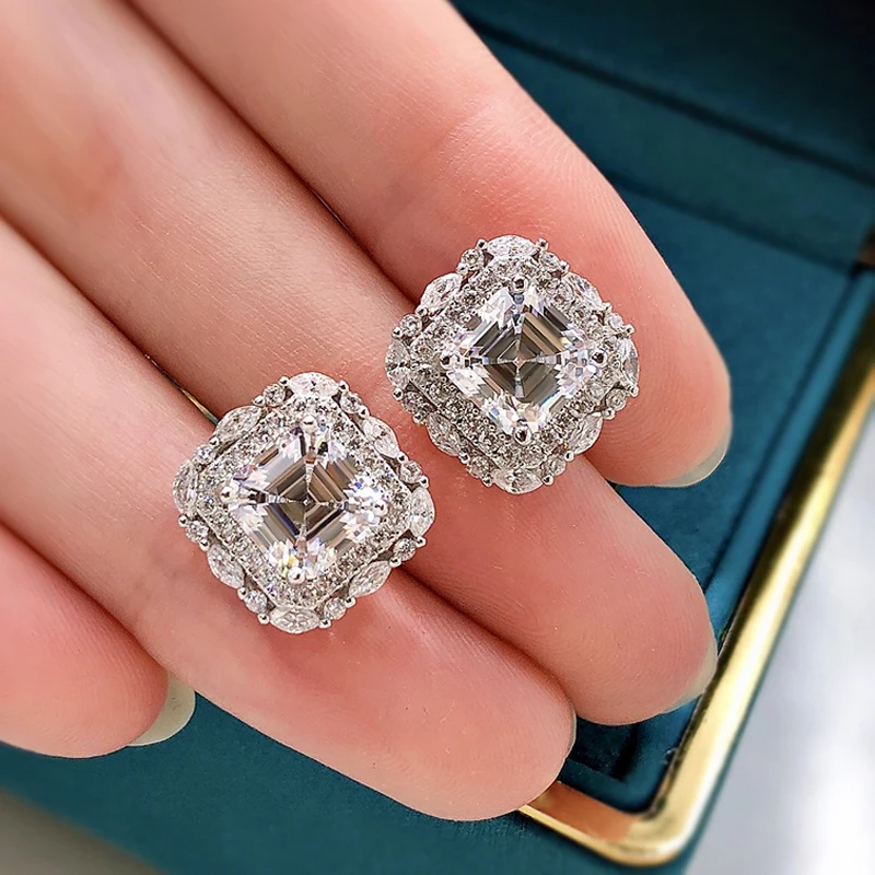 OEVAS 100% Sterling Silver 7*7mm High Carbon Diamond Pagoda Stud Earrings For Women Sparkling Wedding Party Fine Jewelry Gift