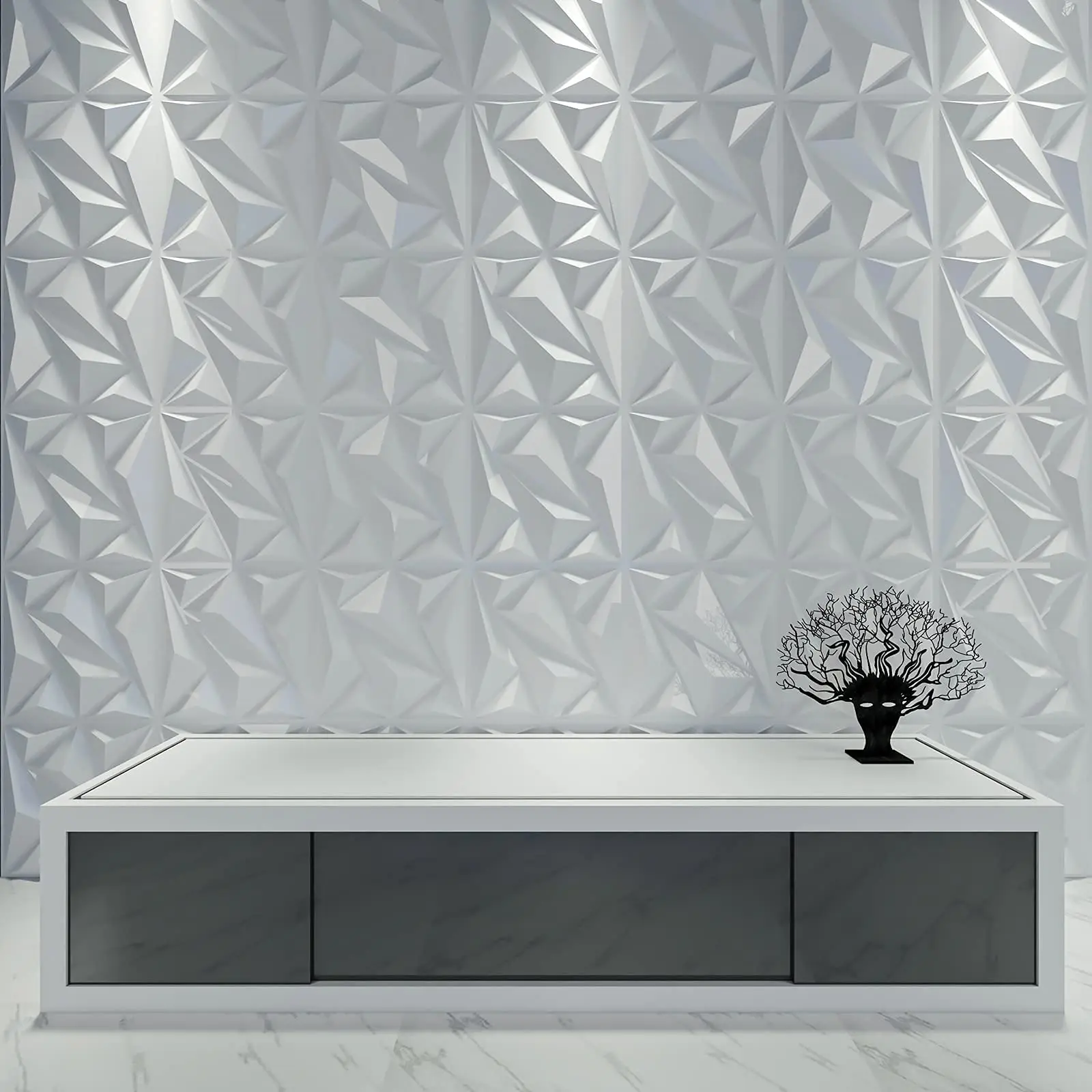 Art3d PVC Painel de Parede 3D Diamante para Decoração de Parede Interior em Branco, Wall Decor Painel PVC, Painéis de Parede Texturizados 3D, Pacote de 12 Azulejo