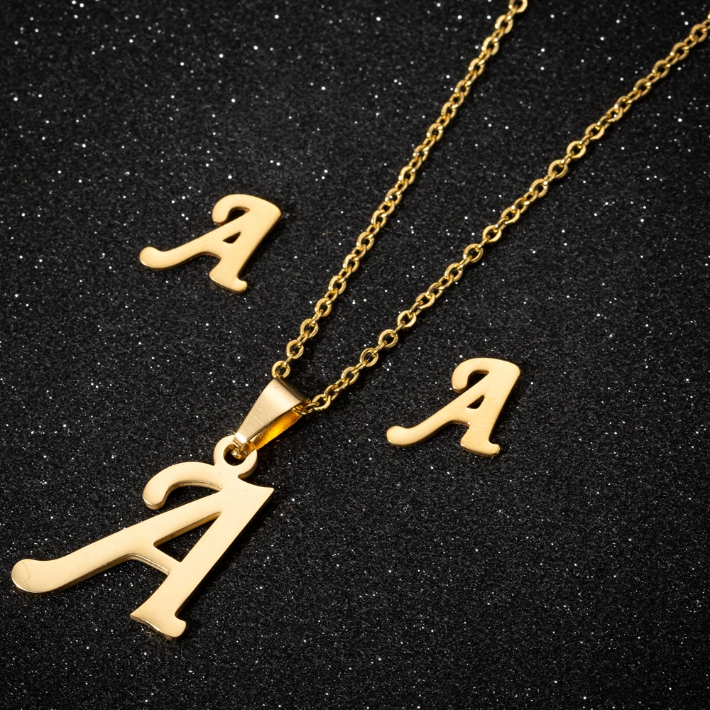 Simple 316 Stainless Steel English Name 26 Letters Jewelry Charm Letter P Pendant Chain Necklaces Set for Monther Sister Gift
