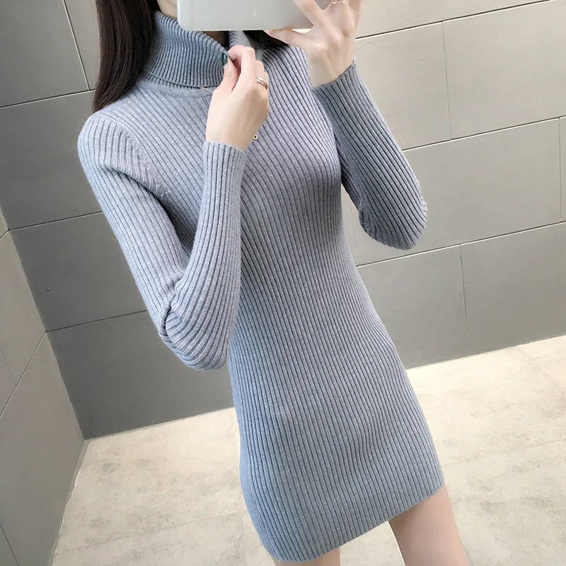 New Autumn Winter Turtleneck Sweater Female Outer Wear Mid-Length Thick Sweater Dress Women Tight-Fitting Knit Bottoming Shirt