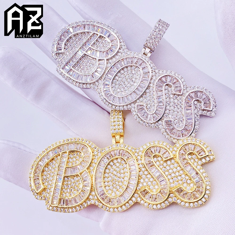 AZ Hip Hop Iced Out BOSS Letters Pendants Necklace Paved Bling Square Cubic Zircon Stone For Women Men Jewelry Free Shipping