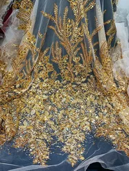 Luxurious Golden Crystal Sequin Bead Embroidery Fabric, Wedding Dress Design, Bead Embroidery French Tulle Net Evening Dress