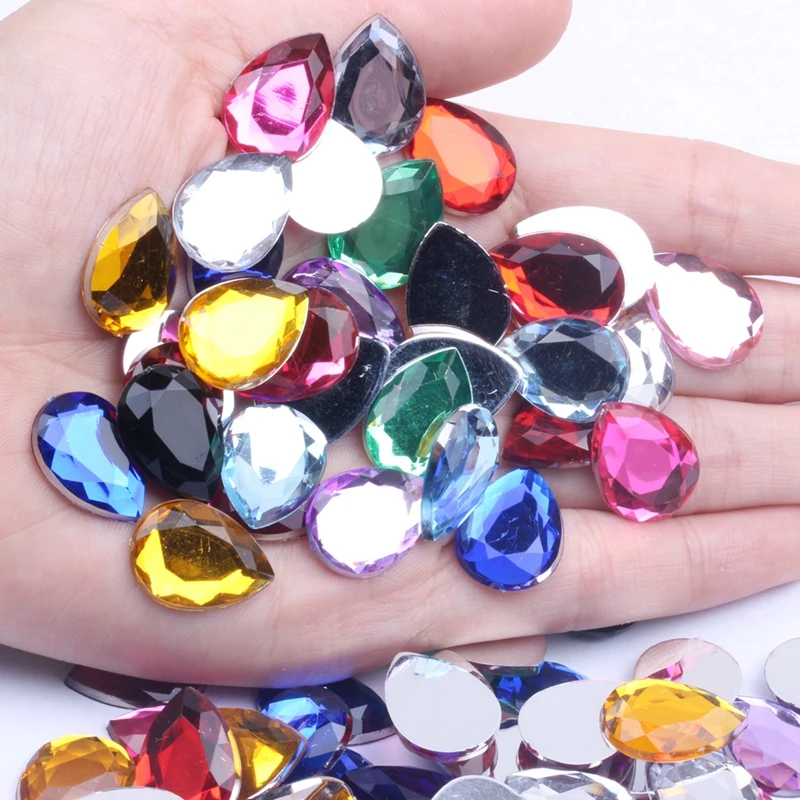 Flat Facets Acrylic Rhinestone 10x14 13x18 18x25mm Tear Shape Many Colors Choose Nail Art Decorations Glue On Garments Crafts