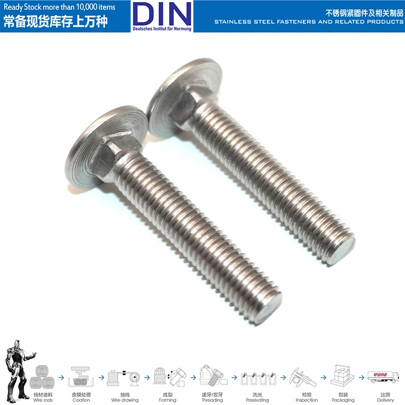 (THE) 304/316 stainless steel fixing bolt DIN603 mushroom head square neck bolt, frame semicircular head screw A2A4 diameter M10