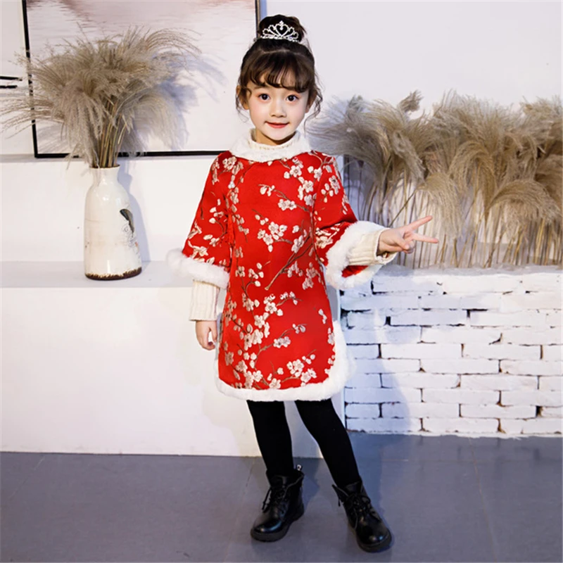 Robe chinoise rouge pour filles, nouvelle collection hiver, vêtements de nouvel an pour enfants, Hanfu cheongsam, qipao