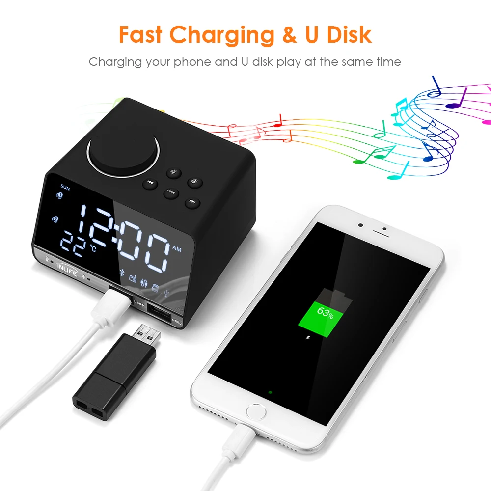 K11 Bluetooth-compatible 4.2 Radio Alarm Clock Speaker With 2 USB Ports LED Digital Alarm Clock Home Decration Table Clock EU