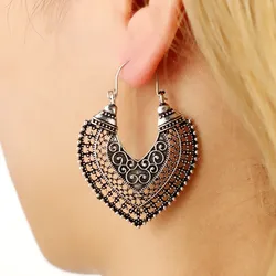 Hot Ethnic Vintage Jewelry Carving Hollow Gypsy Big Heart Dangle Drop Earrings For Women Aros Pendientes Mujer Brincos