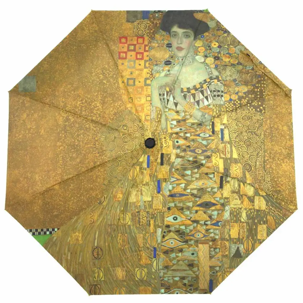 Fully Automatic Women Rain Umbrella Gustav Klimt Oil Painting Umbrella Three Folding Portable Umbrella Sun Protection Parasol