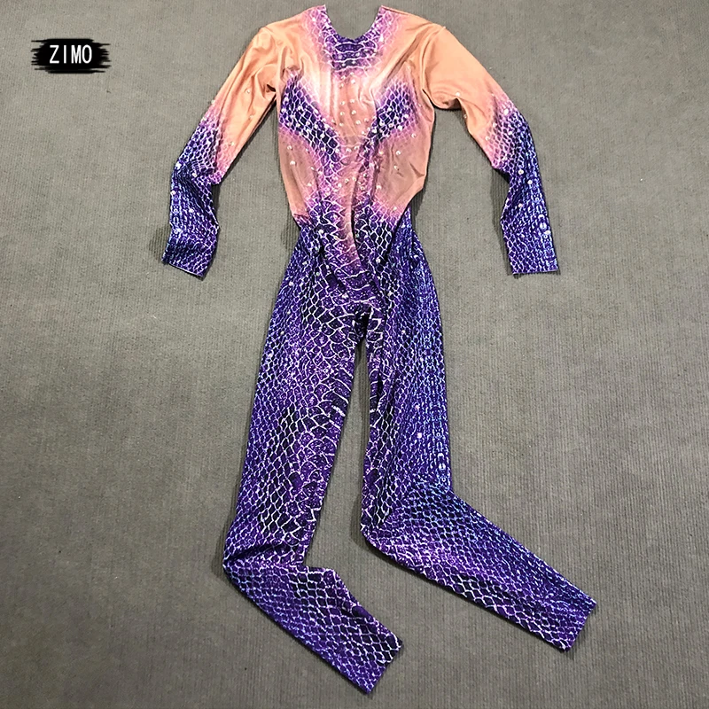 fashion Purple snake Sneck Printed Jumpsuit women Singer Dancer Sexy Leggings Costume Bodysuit Nightclub Oufit Party Wear Outfit