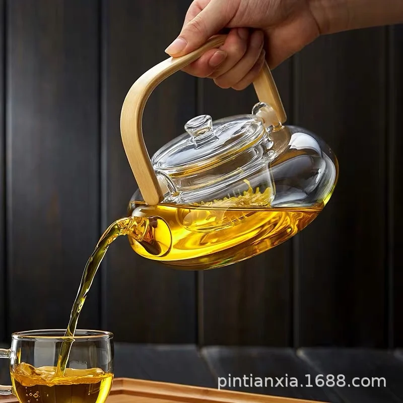 Bamboo-wood Glass Tea-making Teapot Hand-thickened Tea Pot with Filter Liner Flower Can Be Heated By Electric Pottery Oven F