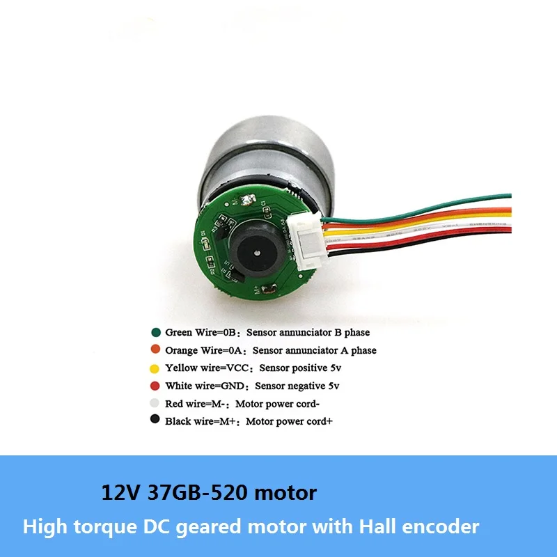 High torque DC Geared Motor 37GB-520 12V metal gear 37mm motor with encoder Speed feedback for RC robot chassis part DIY