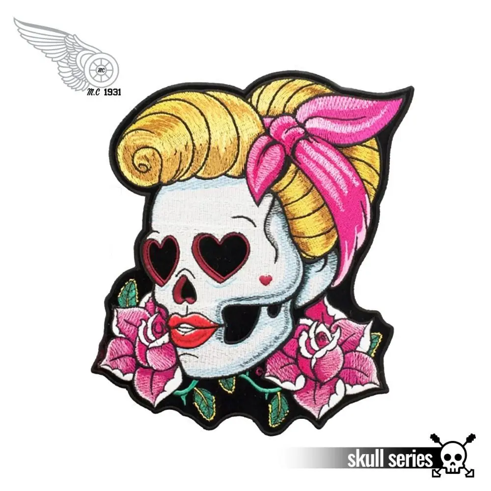 Loving Eyes Pin Up Girl & Pink Rose Skull Patch, Ladies Back Embroidered Iron On Or Sew On Patches 3.5*4 INCH Free Shipping