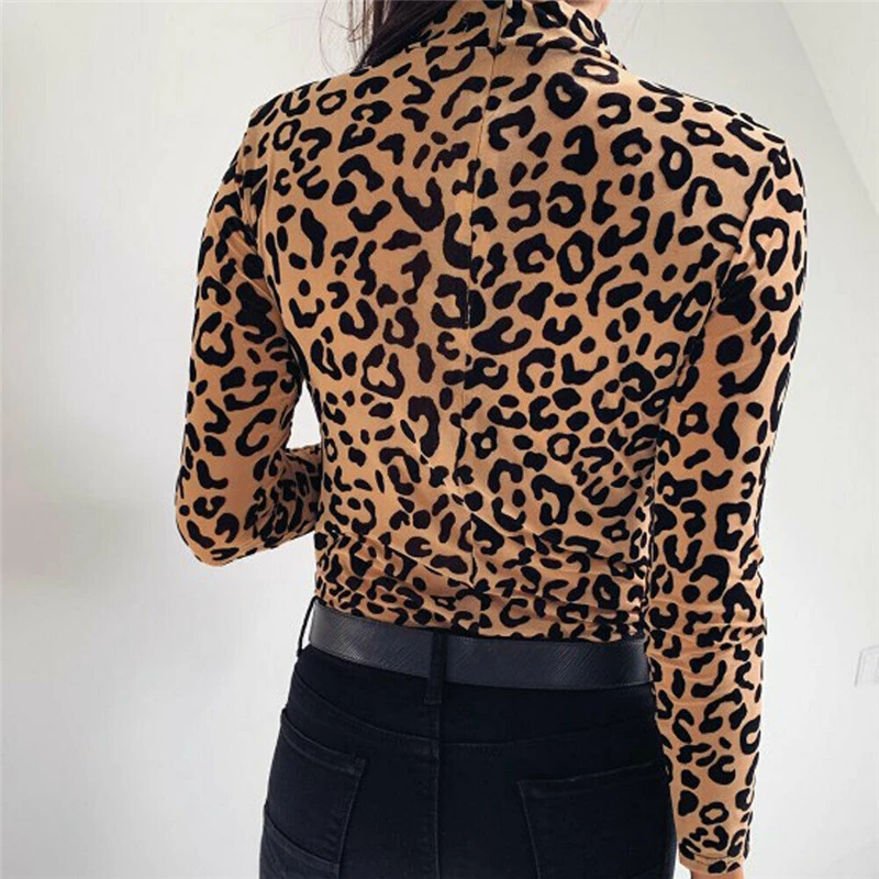 Women Blouses Fashion Leopard Print Turtle Neck Blouse Autumn Long Sleeve Shirts Party Ladies Clothes Womens Blouses And Tops