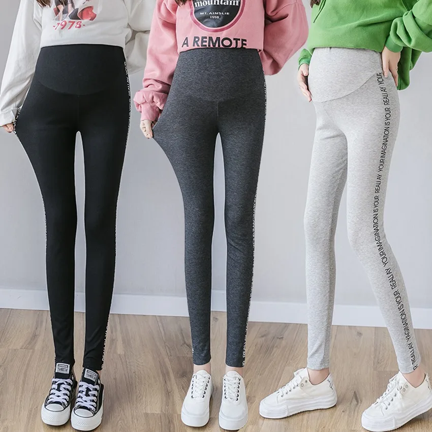 2019 autumn new pregnant women side English printing stomach lift leggings Korean fashion stretch Slim feet pants