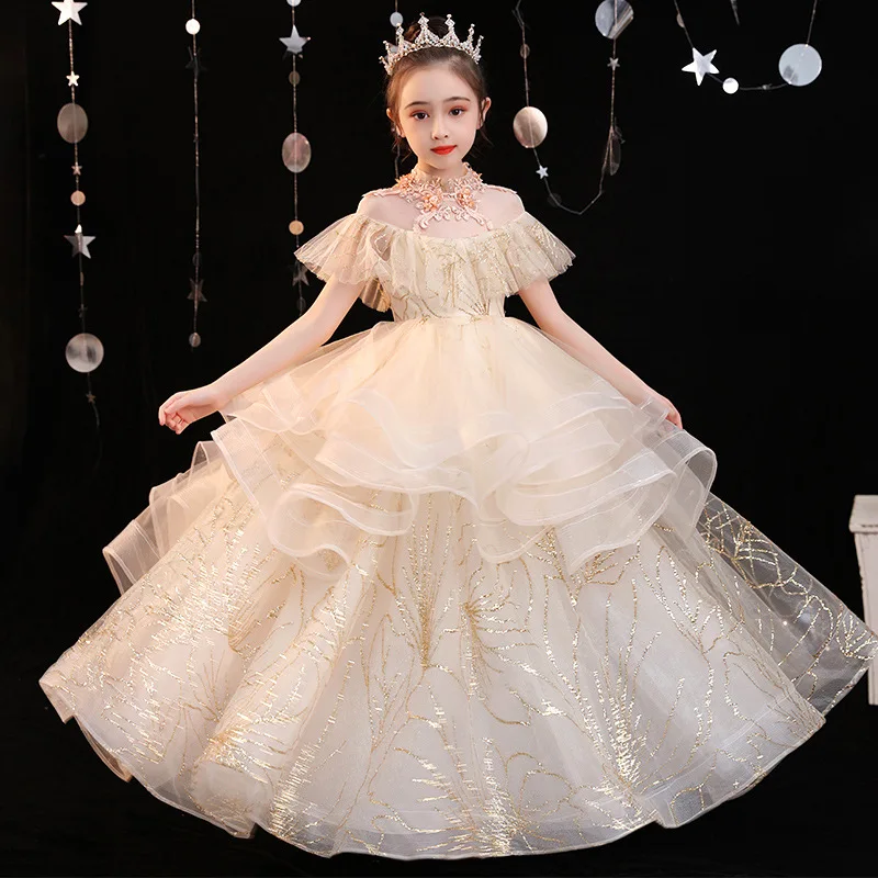 Elegant Champagne Girls Dress Sequin Flower Girls Wedding Evening Clothes Princess Party Long Gown Formal Holy Communion Dress