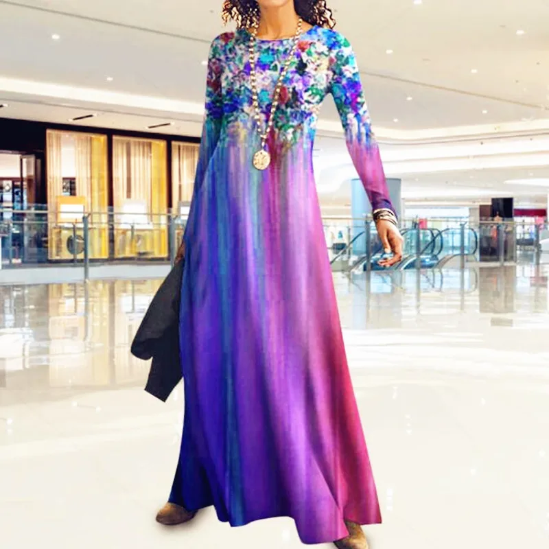 Fashion Women Loose Vintage Print Long Full Sleeve Dress Large Big Spring Casual Party Maxi Dresses Plus Sizes