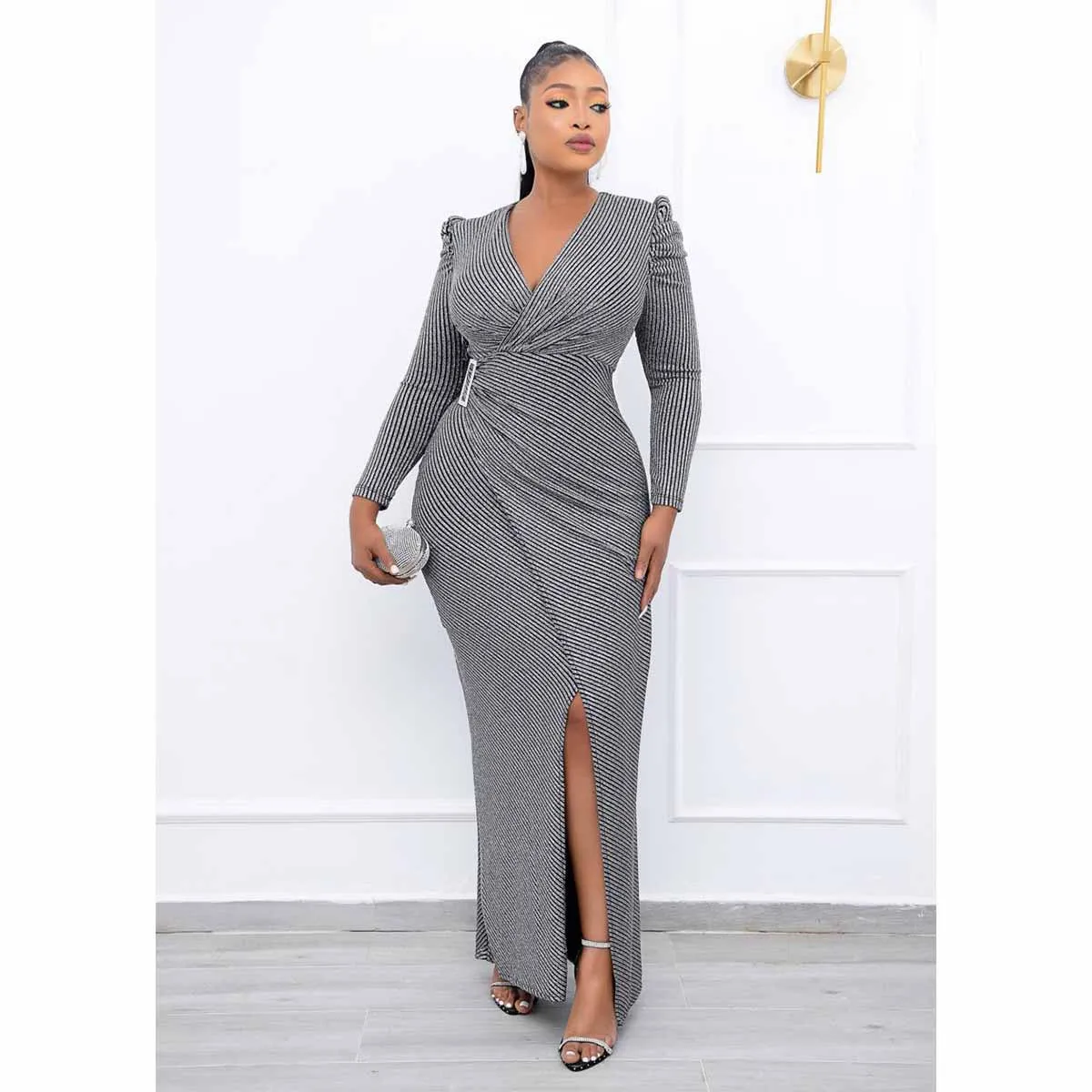 

SKMY Fall Clothes For Women Fashion New Striped Printing Long Sleeve Dress V-Neck Bodycon Ankle-Length Evening Dresses