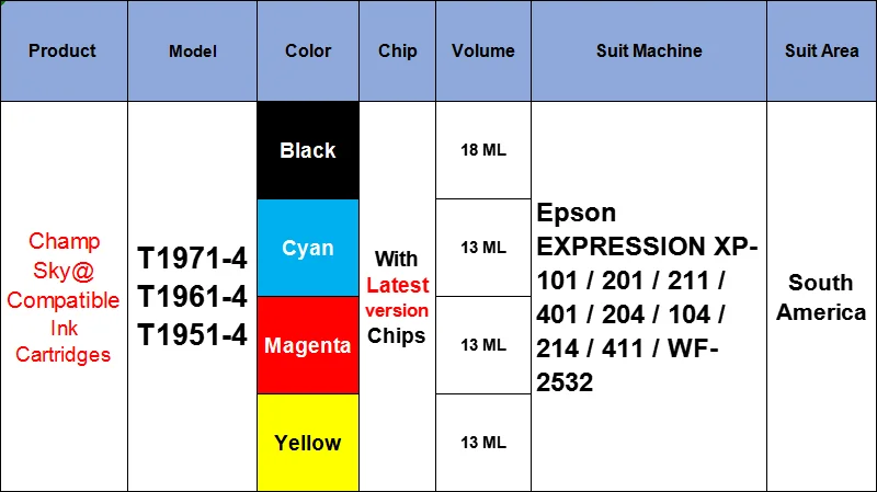 T1971 T1961 T1951 T1954 Compatible Ink Cartridge For Epson XP-101 XP-201 XP-211 XP-401 XP-204 XP-104 XP-214 XP-411 WF-2532