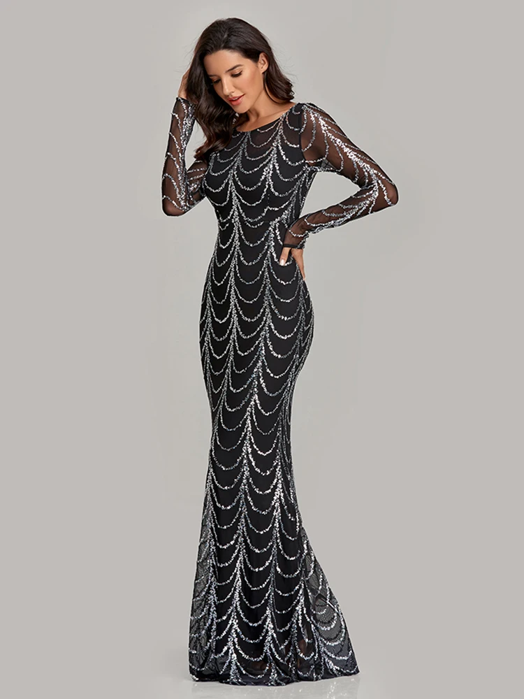2023 Black Gold New Evening Pink Dress O Neck Full Sleeve Mermaid Sequins Tulle Floor Length Party Dress Women Formal Dress