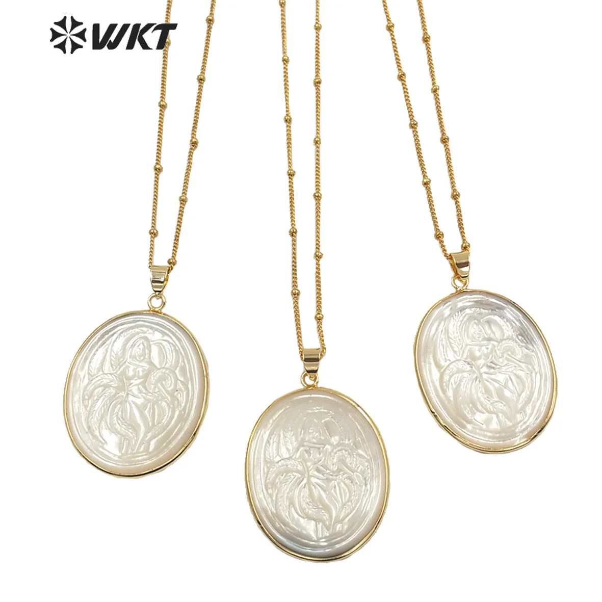 WT-JN144 Fashion gold plated The Beauty Girl handmade carve Big Mother of Pearl pendant necklace gold bezel white shell necklace