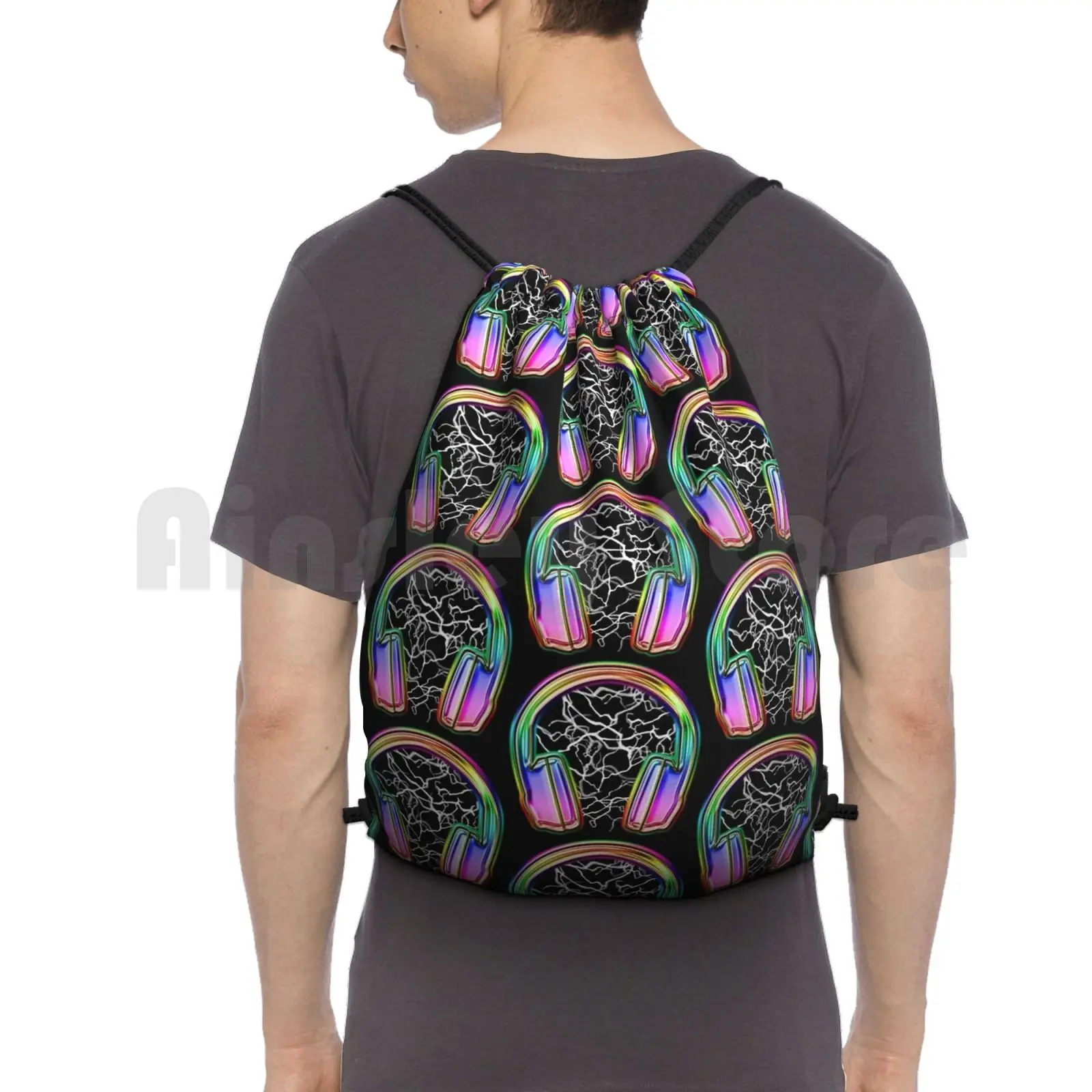 

Headphones Backpack Drawstring Bag Riding Climbing Gym Bag Headphones Music Neon Lightning Multicolored Colourful