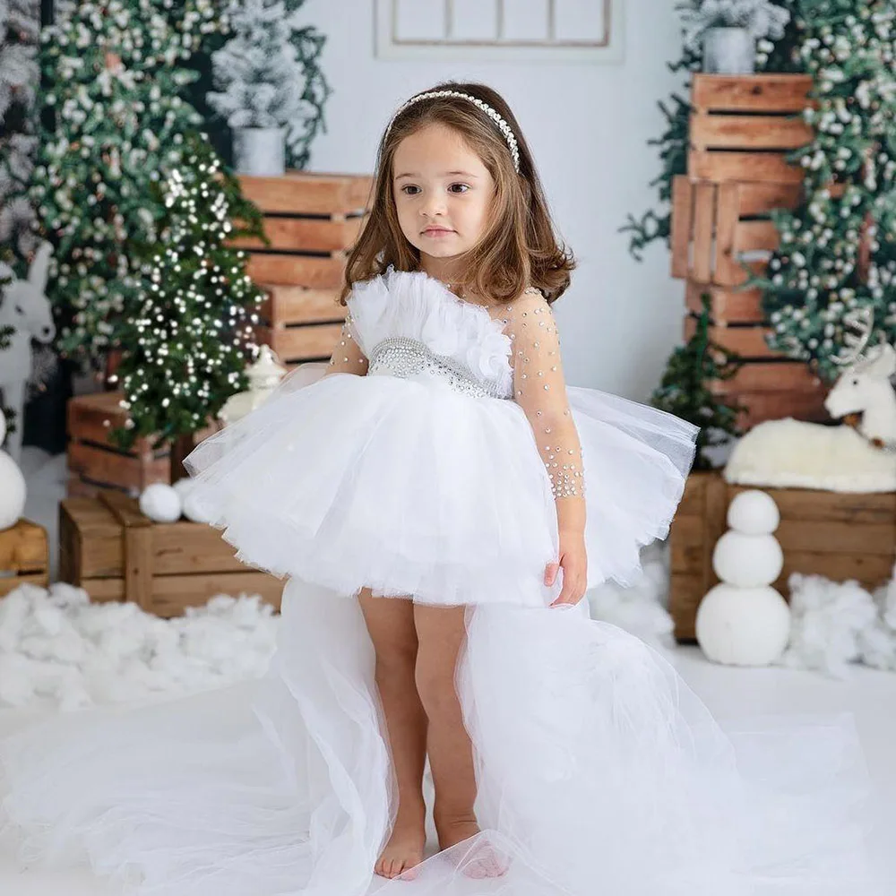 

Crystals Sheer Neck Flower Girl Dresses Ball Gown Hi-Lo Little Girl Wedding Dresses Cheap Communion Pageant Dresses Gowns