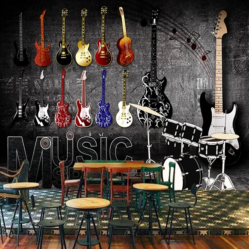 

3D Wallpaper Retro Rock Music Guitar Brick Wall Murals Restaurant Cafe KTV Bar Clubs Background Wall Paper For Walls 3D Frescoes