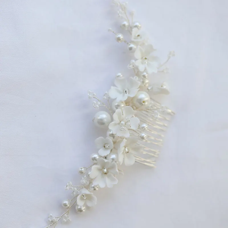 Floralbride Handmade Simulated Pearls Ceram Flower Bridal Hair Comb Wedding Headdress Hair Accessories Bridesmaids Women Jewelry