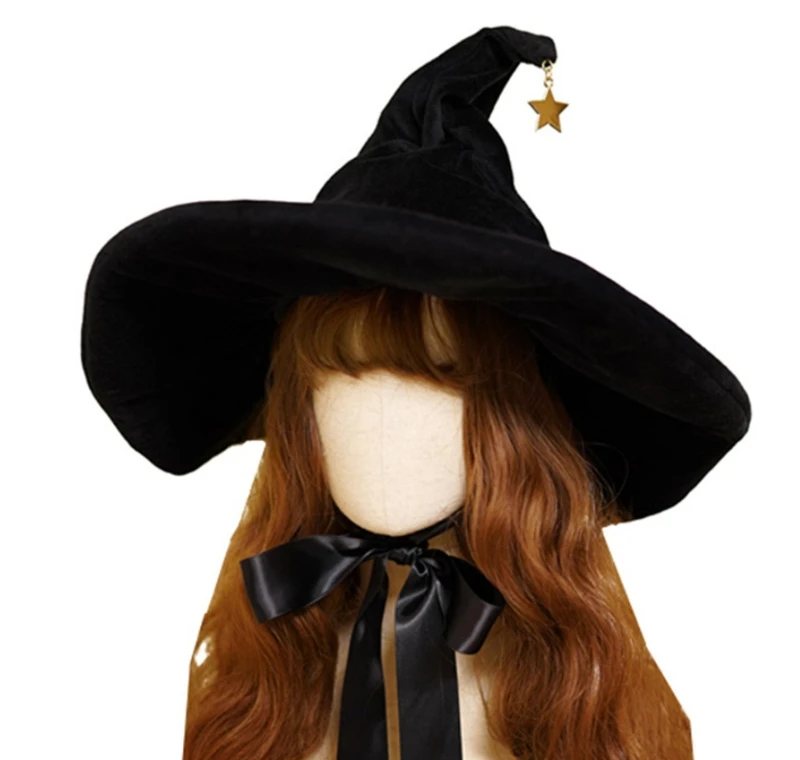 Adult Halloween Witch hat Cosplay Large Black Costume Pointed With string strap