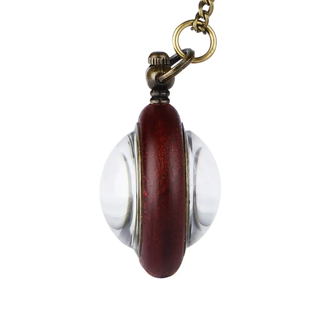 Römischen Ziffern Rot Holz Dekor Transparent Glas Ball Halskette Uhr Quarz Bronze Pullover Kette Anhänger Tasche Uhr