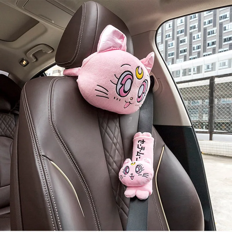 New Arrival Cartoon Cute Headrest Plush Luna Cat Head Car Lumbar Support Pillow Creative Car Neck Pillow Decorations — zdjęcie 3