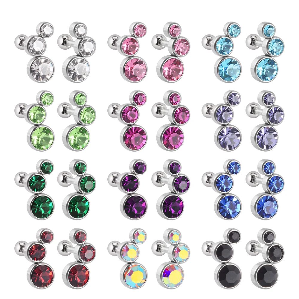 2PCS 361 Surgical Steel Crystal  Ear Tragus Cartilage Earrings 16G Three Zircon Lobe Helix Daith Earring Piercing Body Jewelry