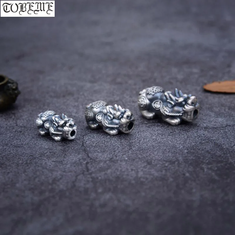 100% 3D 999 Silver Lotus Flower Pixiu Beads Vintage Silver Fengshui Piyao Beads Good Luck  Pixiu Beads DIY Bracelet