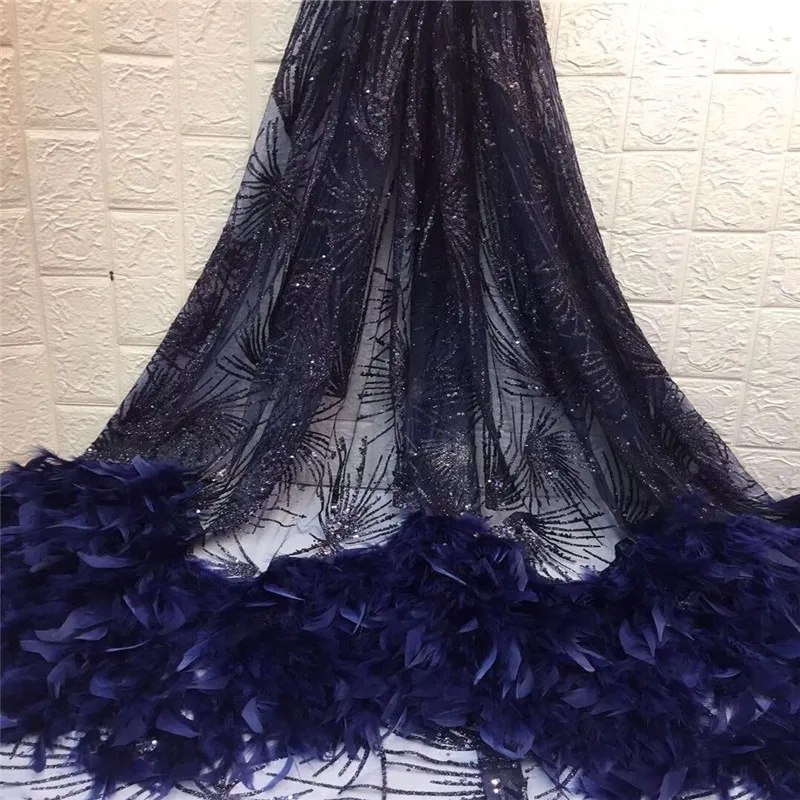 Lake blue African beads Lace Fabrics Newest 3d Flowers Glitter Nigeria gray Net Lace French Feathers Tulle Lace Fabric